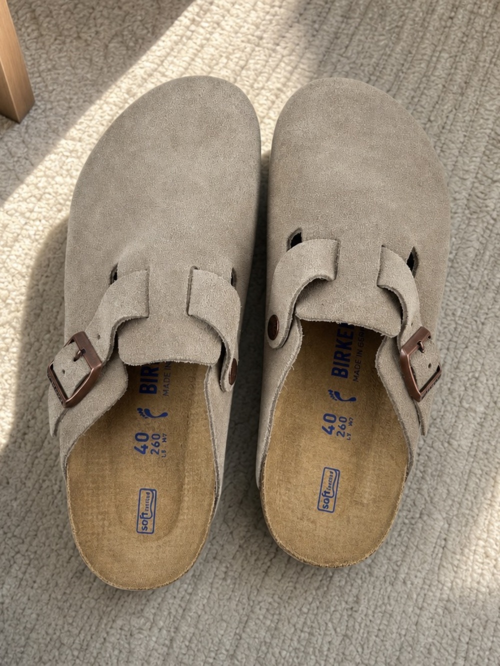 Birkenstock Suede Boston Clogs in Taupe Gray with Brown Buckles